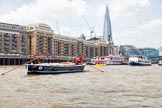 TOW River Thames Barge Driving Race 2013: Barge "Benjamin", by London Party Boats, in front of Butlers Wharf. On the right the Shard building, City Hall, and Tower Bridge..
River Thames between Greenwich and Westminster,
London,

United Kingdom,
on 13 July 2013 at 13:43, image #383