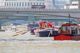 TOW River Thames Barge Driving Race 2013: Barge "Blackwall", by the Port of London Authority, passing HMS Belfast. In frontis barge "Steve Faldo" by Capital Pleasure Boats..
River Thames between Greenwich and Westminster,
London,

United Kingdom,
on 13 July 2013 at 13:44, image #385