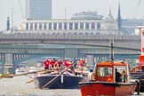 TOW River Thames Barge Driving Race 2013: Barge "Blackwall", by the Port of London Authority, approaching London Bridge and Cannon Street Railway Bridge. In front is barge "Steve Faldo" by Capital Pleasure Boats..
River Thames between Greenwich and Westminster,
London,

United Kingdom,
on 13 July 2013 at 13:45, image #386