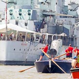 TOW River Thames Barge Driving Race 2013: Barge "Blackwall", by the Port of London Authority,approaching HMS Belfast..
River Thames between Greenwich and Westminster,
London,

United Kingdom,
on 13 July 2013 at 13:45, image #388