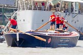 TOW River Thames Barge Driving Race 2013: Barge "Blackwall", by the Port of London Authority, approaching HMS Belfast..
River Thames between Greenwich and Westminster,
London,

United Kingdom,
on 13 July 2013 at 13:45, image #390