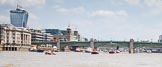TOW River Thames Barge Driving Race 2013: Barges approaching from Southwark Bridge, from left barge "Diana", by Trinity Buoy Wharf, barge "Blackwall", by the Port of London Authority, and barge "Steve Faldo" by Capital Pleasure Boats..
River Thames between Greenwich and Westminster,
London,

United Kingdom,
on 13 July 2013 at 13:56, image #406