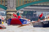 TOW River Thames Barge Driving Race 2013: Barge "Blackwall", by the Port of London Authority, followed by barge "Steve Faldo" by Capital Pleasure Boats. Behind them Cannon Street Railway Bridge and Southwark Bridge..
River Thames between Greenwich and Westminster,
London,

United Kingdom,
on 13 July 2013 at 13:57, image #409