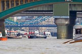 TOW River Thames Barge Driving Race 2013: Barge "Benjamin", by London Party Boats, followed by barge "Shell Bay" by South Dock Marina, passing London Bridge. In the foreground Cannon Street Railway Bridge and Southwark Bridge..
River Thames between Greenwich and Westminster,
London,

United Kingdom,
on 13 July 2013 at 13:57, image #412