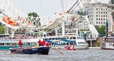 TOW River Thames Barge Driving Race 2013: Barge "Blackwall", by the Port of London Authority, at the London Eye, close to the finish of the race at Westminster Bridge..
River Thames between Greenwich and Westminster,
London,

United Kingdom,
on 13 July 2013 at 14:16, image #415