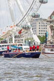 TOW River Thames Barge Driving Race 2013: Barge "Blackwall", by the Port of London Authority, at the London Eye, close to the finish of the race at Westminster Bridge..
River Thames between Greenwich and Westminster,
London,

United Kingdom,
on 13 July 2013 at 14:16, image #417