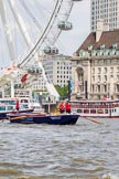 TOW River Thames Barge Driving Race 2013: Barge "Blackwall", by the Port of London Authority, at the London Eye, close to the finish of the race at Westminster Bridge..
River Thames between Greenwich and Westminster,
London,

United Kingdom,
on 13 July 2013 at 14:16, image #418