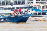 TOW River Thames Barge Driving Race 2013: Barge "Diana", by Trinity Buoy Wharf, at the London Eye, close to the finish of the race at Westminster Bridge..
River Thames between Greenwich and Westminster,
London,

United Kingdom,
on 13 July 2013 at 14:17, image #422