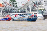 TOW River Thames Barge Driving Race 2013: Barge "Diana", by Trinity Buoy Wharf, at the London Eye, followed by barge "Steve Faldo" by Capital Pleasure Boats, close to the finish of the race at Westminster Bridge..
River Thames between Greenwich and Westminster,
London,

United Kingdom,
on 13 July 2013 at 14:17, image #423