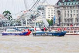 TOW River Thames Barge Driving Race 2013: Barge "Diana", by Trinity Buoy Wharf, at the London Eye, followed by barge "Steve Faldo" by Capital Pleasure Boats, close to the finish of the race at Westminster Bridge..
River Thames between Greenwich and Westminster,
London,

United Kingdom,
on 13 July 2013 at 14:17, image #424