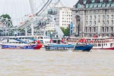 TOW River Thames Barge Driving Race 2013: Barge "Diana", by Trinity Buoy Wharf, at the London Eye, followed by barge "Steve Faldo" by Capital Pleasure Boats, close to the finish of the race at Westminster Bridge..
River Thames between Greenwich and Westminster,
London,

United Kingdom,
on 13 July 2013 at 14:17, image #425