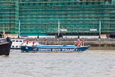 TOW River Thames Barge Driving Race 2013: Barge "Diana", by Trinity Buoy Wharf, approaching the finish of the race at Westminster Bridge..
River Thames between Greenwich and Westminster,
London,

United Kingdom,
on 13 July 2013 at 14:18, image #427