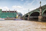 TOW River Thames Barge Driving Race 2013: Barge barge "Steve Faldo" by Capital Pleasure Boats, crossing the finish of the race at Westminster Bridge..
River Thames between Greenwich and Westminster,
London,

United Kingdom,
on 13 July 2013 at 14:18, image #430