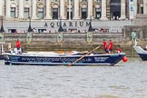 TOW River Thames Barge Driving Race 2013: Barge "Benjamin", by London Party Boats, at the London Aquarium, close to the finish of the race at Westminster Bridge..
River Thames between Greenwich and Westminster,
London,

United Kingdom,
on 13 July 2013 at 14:19, image #433