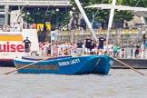 TOW River Thames Barge Driving Race 2013: Barge "Darren Lacey", by Princess Pocahontas, at Hungerford Bridge and the London Eye, close to the race finish at Westminster Bridge..
River Thames between Greenwich and Westminster,
London,

United Kingdom,
on 13 July 2013 at 14:29, image #473