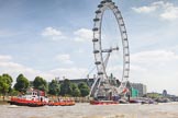 TOW River Thames Barge Driving Race 2013: Tug "Aicirton" pulling barge "Jane", by the RMT Union, in front of the London Eye..
River Thames between Greenwich and Westminster,
London,

United Kingdom,
on 13 July 2013 at 14:46, image #521