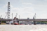 TOW River Thames Barge Driving Race 2013: The London Eye, House of Parliament, Big Ben, and Hungerford Bridge, seen from the river, as tug "Aicirton" pulls barge "Jane", by the RMT Union back to Greenwich..
River Thames between Greenwich and Westminster,
London,

United Kingdom,
on 13 July 2013 at 14:47, image #524