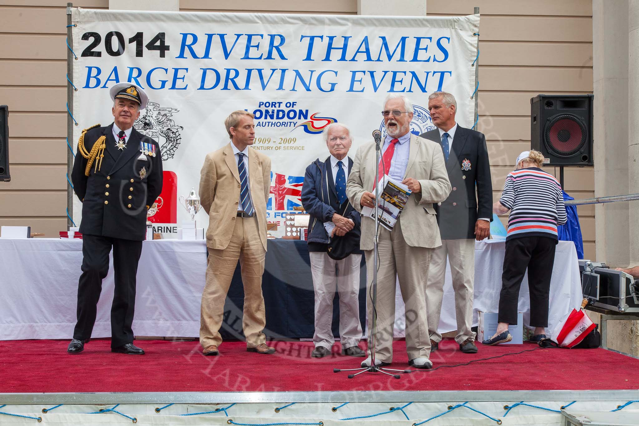 TOW River Thames Barge Driving Race 2014: From left to right: Admiral Lord West, PLA CEO Robin Mortimer, Prof Alan Lee Williams OBE, Tony Parker, Jeremy Randall, and Ann Robinson..
River Thames between Greenwich and Westminster,
London,

United Kingdom,
on 28 June 2014 at 16:30, image #460