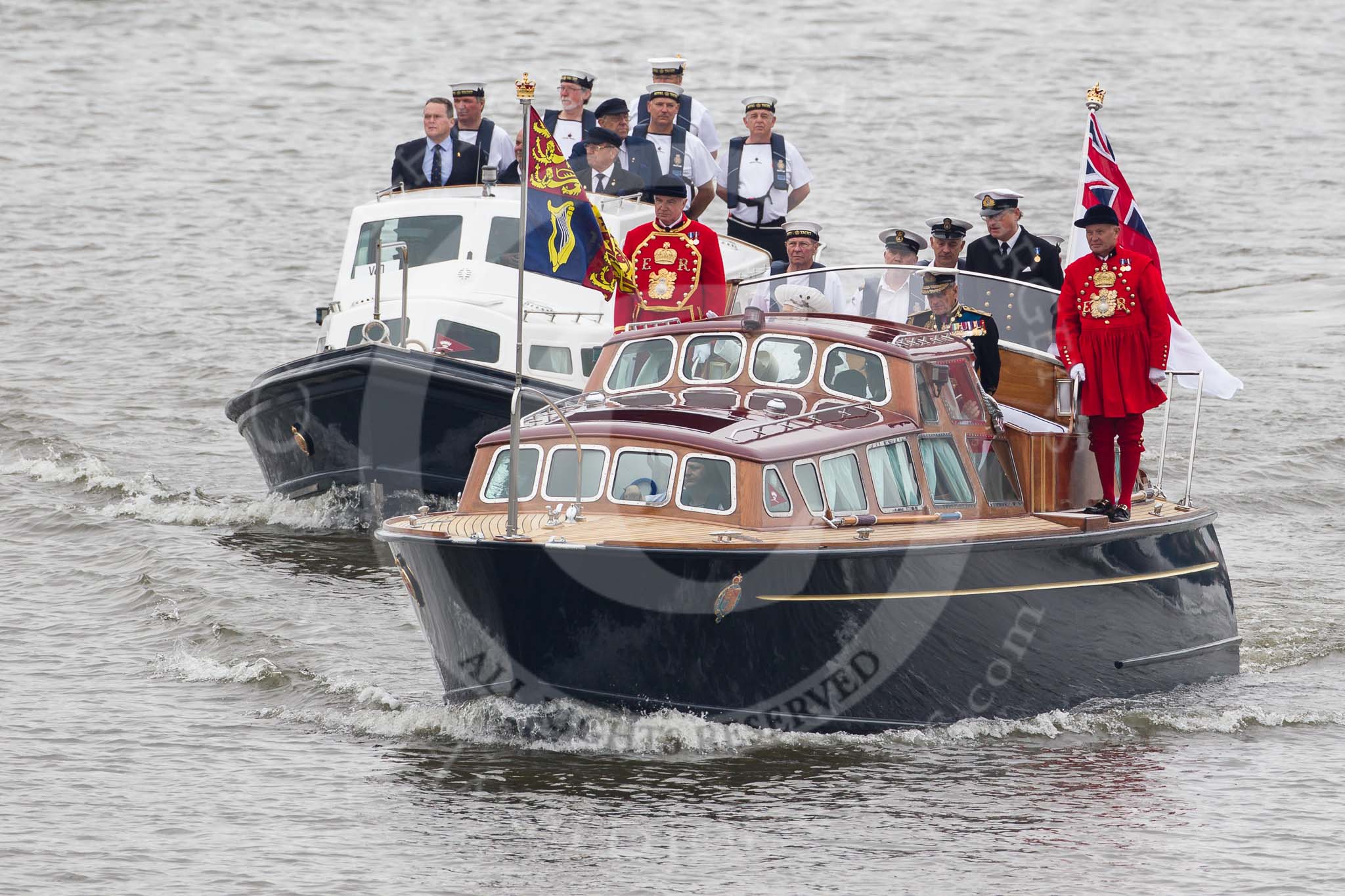 Thames Diamond Jubilee Pageant: VIPS-Britannia Royal Barge (V59) and Britannia Escort Boat No.2 (V60)..
River Thames seen from Battersea Bridge,
London,

United Kingdom,
on 03 June 2012 at 14:23, image #27