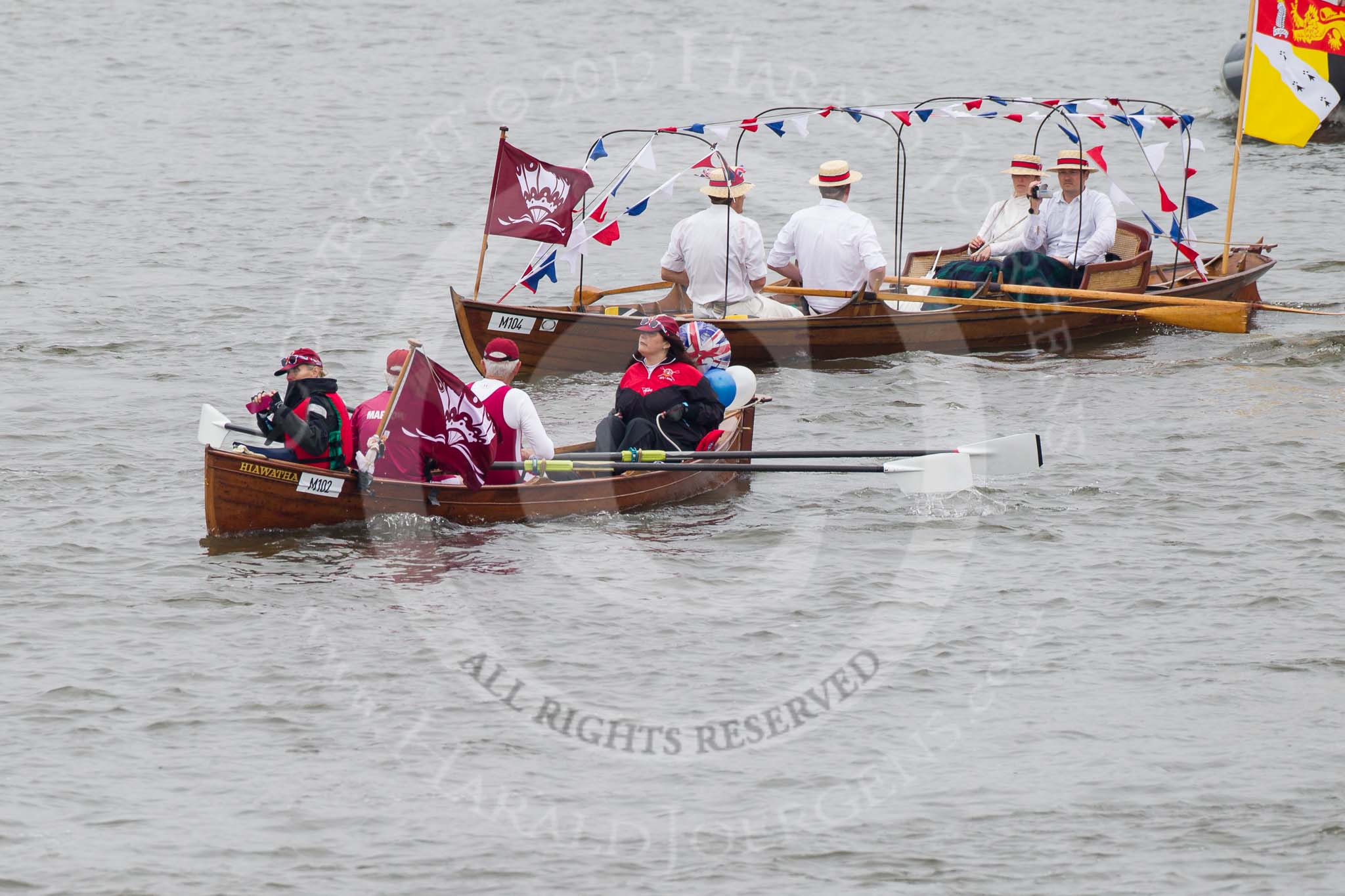 Thames Diamond Jubilee Pageant: SKIFFS & OTHER TRADITIONAL BOATS Hiawatha (M102) and Cherub (M104)..
River Thames seen from Battersea Bridge,
London,

United Kingdom,
on 03 June 2012 at 14:44, image #109