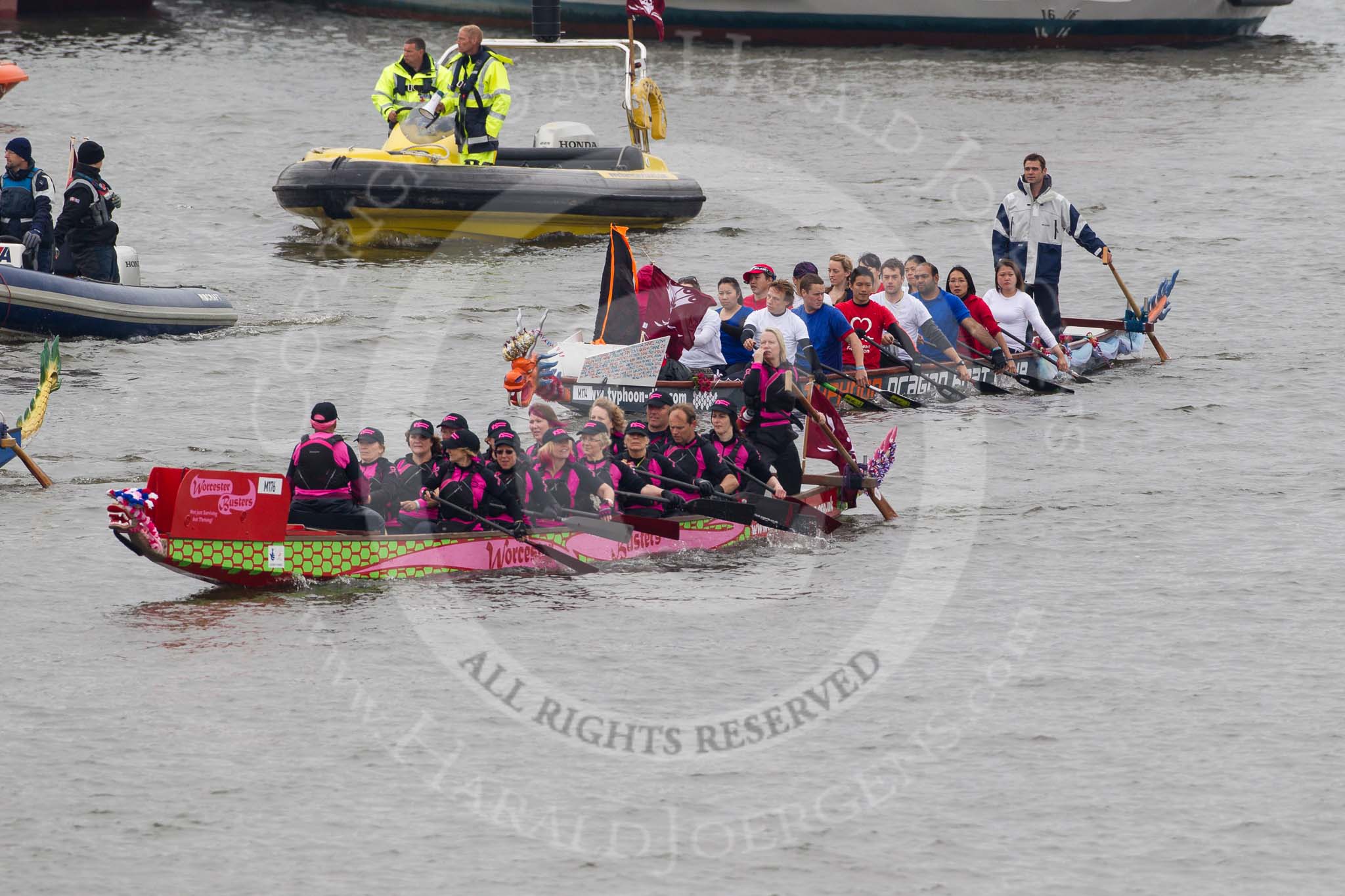 Thames Diamond Jubilee Pageant: DRAGON BOATS-Worcester Busters (M176) and Dragon Boat (M174)..
River Thames seen from Battersea Bridge,
London,

United Kingdom,
on 03 June 2012 at 14:48, image #123