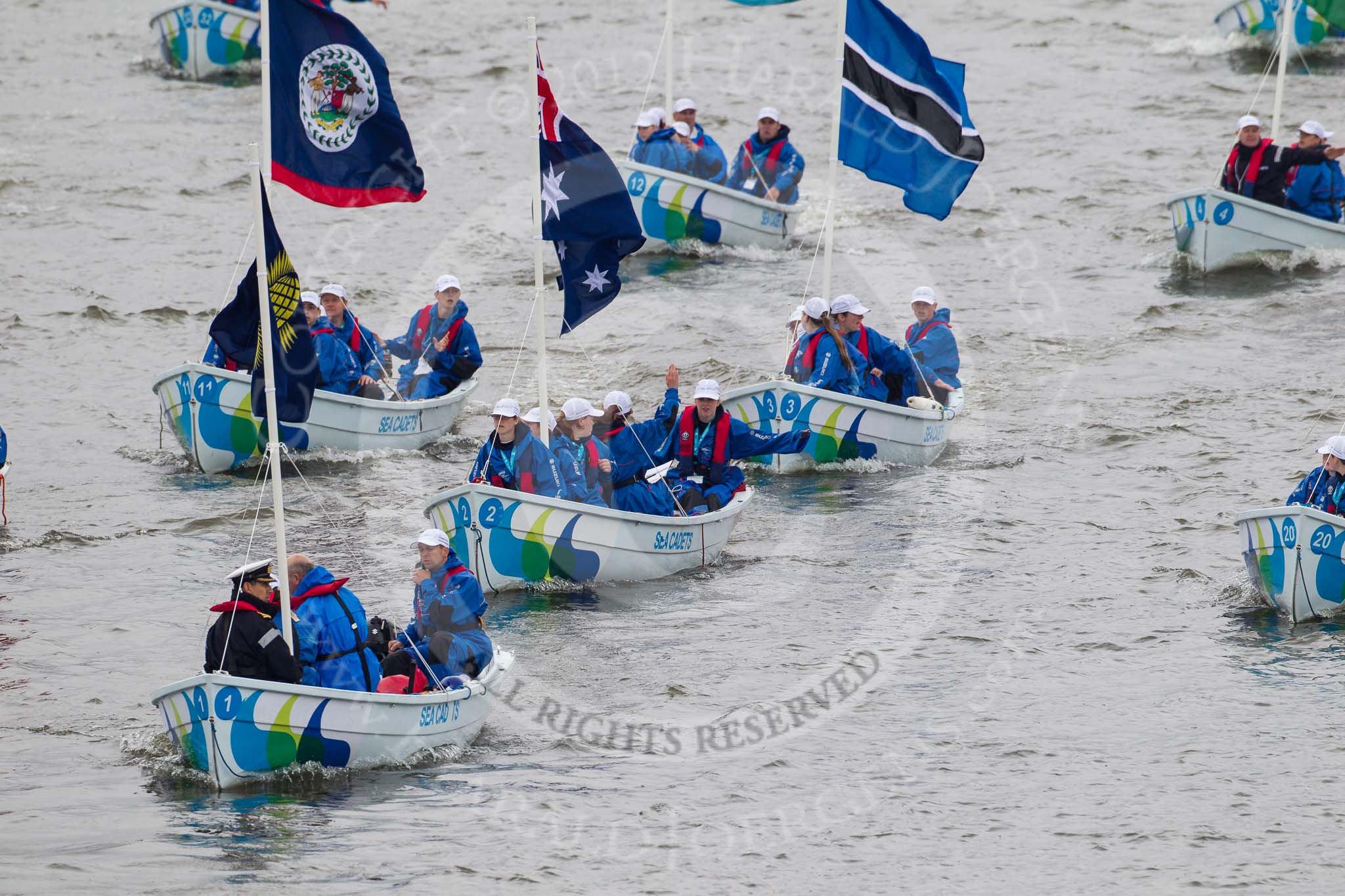 Thames Diamond Jubilee Pageant: COMMONWEALTH FLAGS-Sea Cadets..
River Thames seen from Battersea Bridge,
London,

United Kingdom,
on 03 June 2012 at 14:52, image #150