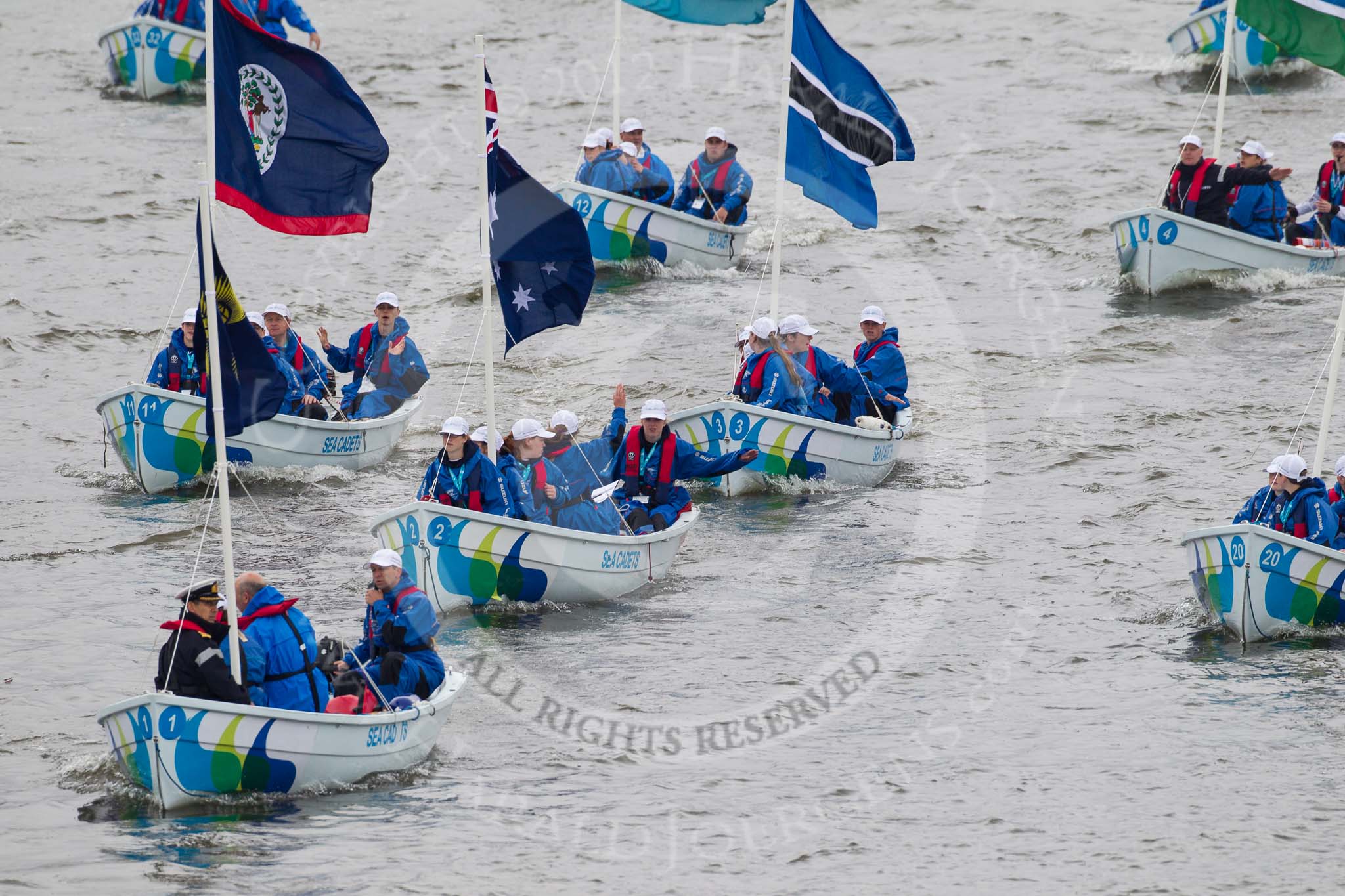 Thames Diamond Jubilee Pageant: COMMONWEALTH FLAGS-Sea Cadets..
River Thames seen from Battersea Bridge,
London,

United Kingdom,
on 03 June 2012 at 14:52, image #151