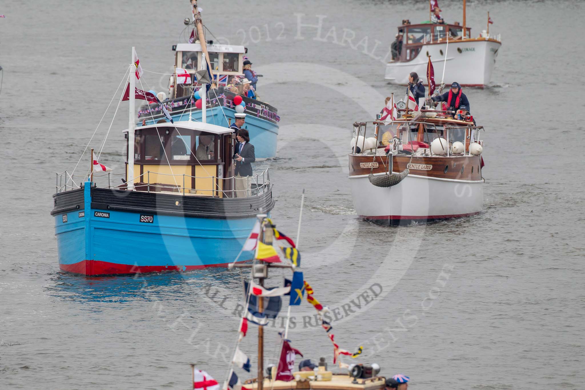 Thames Diamond Jubilee Pageant: DUNKIRK LITTLE SHIPS-Caronia (H24), Gentle Ladye (H28)..
River Thames seen from Battersea Bridge,
London,

United Kingdom,
on 03 June 2012 at 15:13, image #283