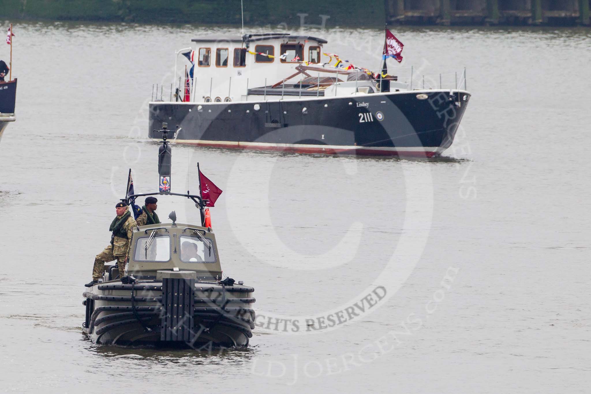 Thames Diamond Jubilee Pageant: FORCES-Combat Support Boat (H59) and Lindsey 2III (H64)..
River Thames seen from Battersea Bridge,
London,

United Kingdom,
on 03 June 2012 at 15:21, image #332