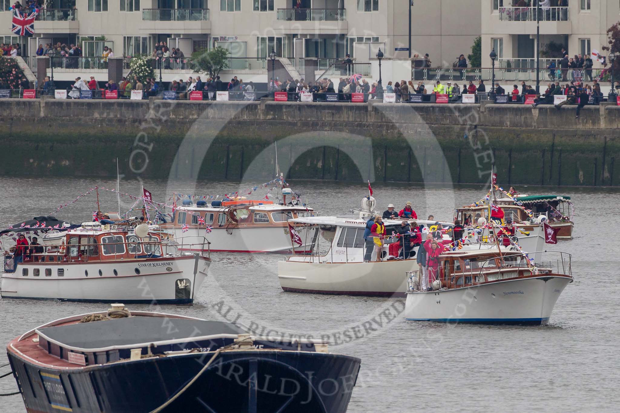 Thames Diamond Jubilee Pageant: MOTOR CRUISES/YACHTS- Nenemoosha (H83), Molly Ban of Dublin (H86), Star of Kiliarney (H87)..
River Thames seen from Battersea Bridge,
London,

United Kingdom,
on 03 June 2012 at 15:23, image #342