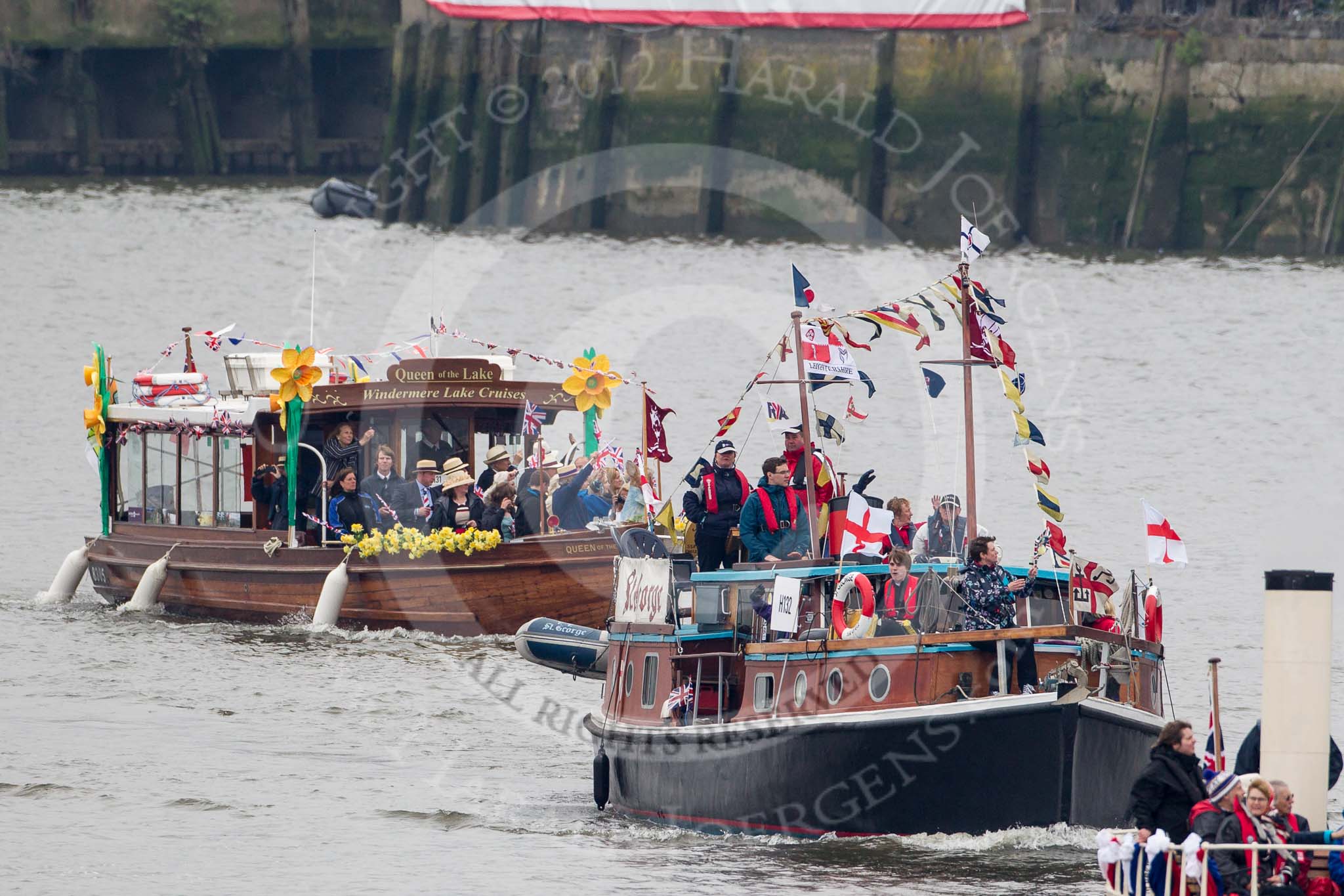 Thames Diamond Jubilee Pageant: WORKING HISTORIC- St.George (Leicestershire) (H132) and Queen of Lake (Cumbria) (H131)..
River Thames seen from Battersea Bridge,
London,

United Kingdom,
on 03 June 2012 at 15:32, image #387