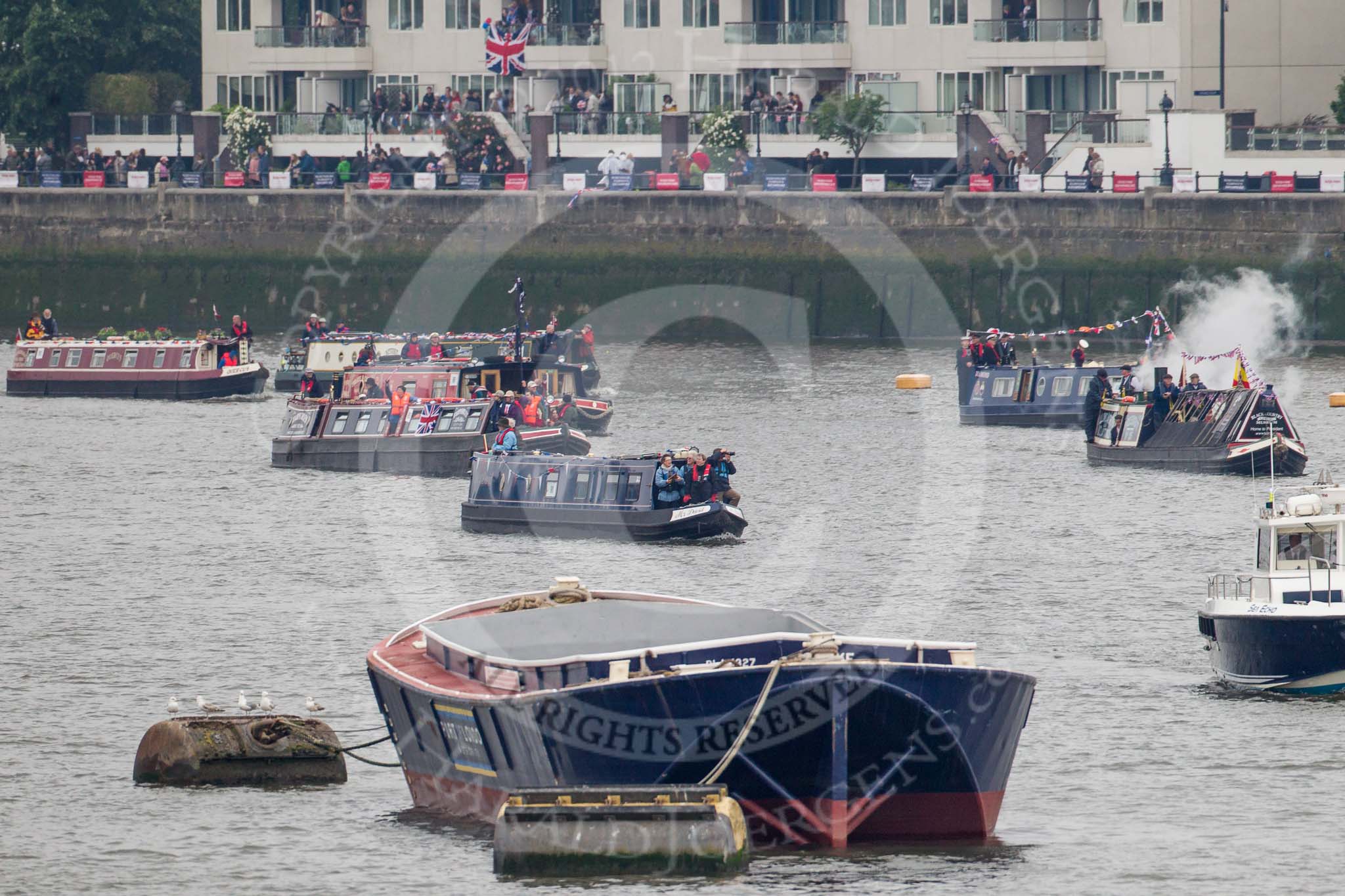 Thames Diamond Jubilee Pageant: NARROW BOATS..
River Thames seen from Battersea Bridge,
London,

United Kingdom,
on 03 June 2012 at 15:51, image #443