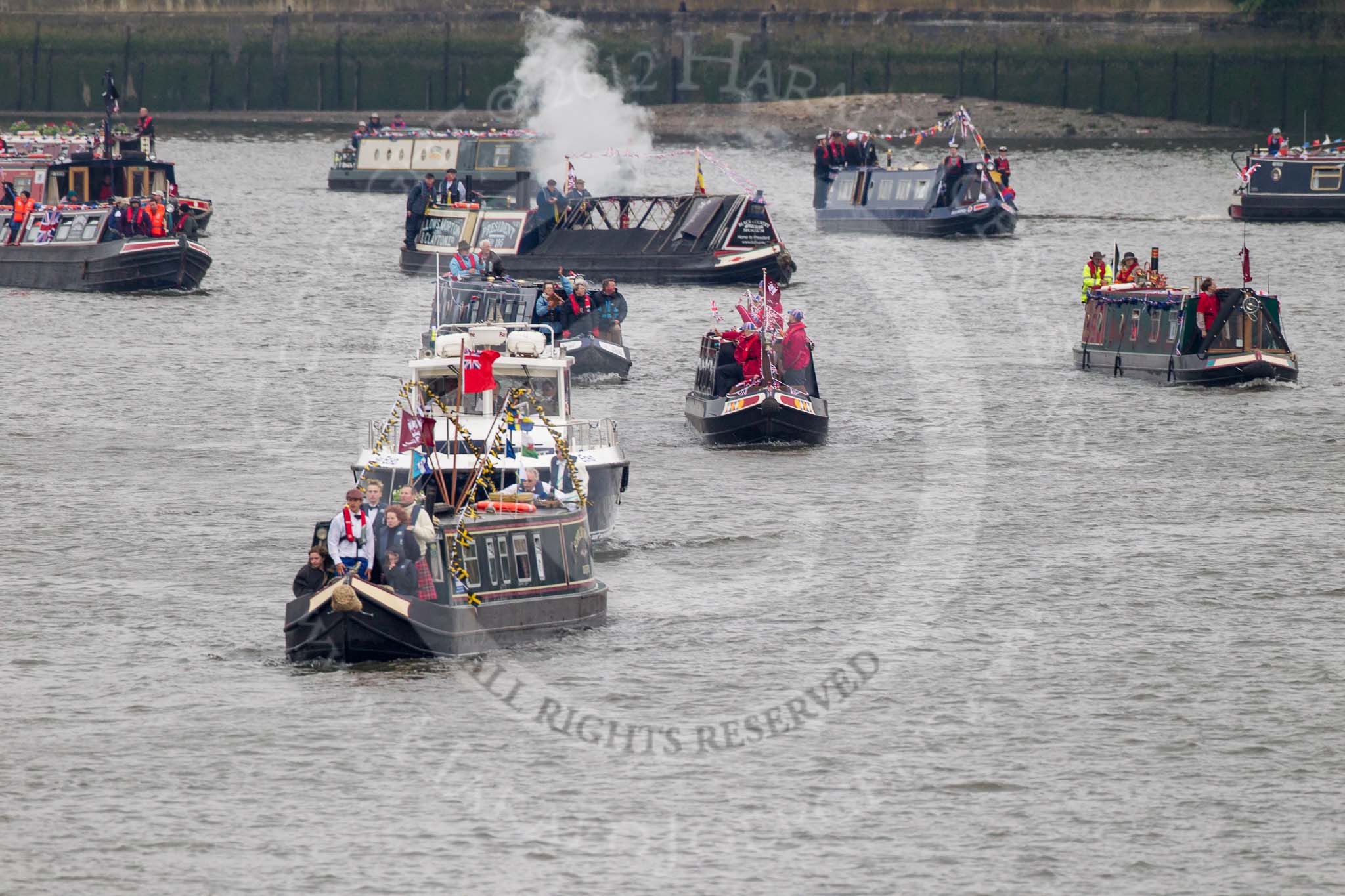 Thames Diamond Jubilee Pageant: NARROW BOATS..
River Thames seen from Battersea Bridge,
London,

United Kingdom,
on 03 June 2012 at 15:52, image #446