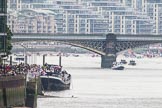 Thames Diamond Jubilee Pageant: Getting ready for the start of the pageant: The man powerd boats are assembled behind Battersea Railway Bridge..
River Thames seen from Battersea Bridge,
London,

United Kingdom,
on 03 June 2012 at 14:03, image #1