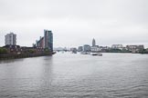 Thames Diamond Jubilee Pageant: View from Battersea Bridge upriver towards Battersea Rail Bridge, the flotilla can be seen behind the bridge through the haze and drizzle..
River Thames seen from Battersea Bridge,
London,

United Kingdom,
on 03 June 2012 at 14:16, image #12