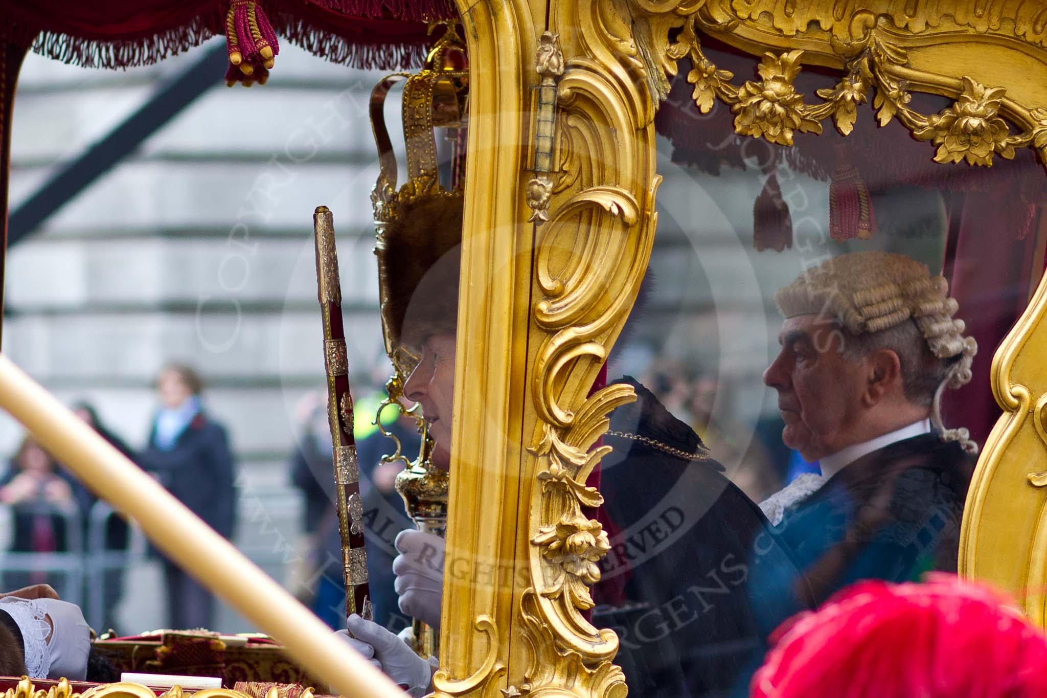 The Lord Mayor's Show 2011: The Sword Bearer, Col. Richard Martin, and the Sergeant of Arms in the stage coach, arriving at Mansion House..
Opposite Mansion House, City of London,
London,
-,
United Kingdom,
on 12 November 2011 at 10:51, image #38