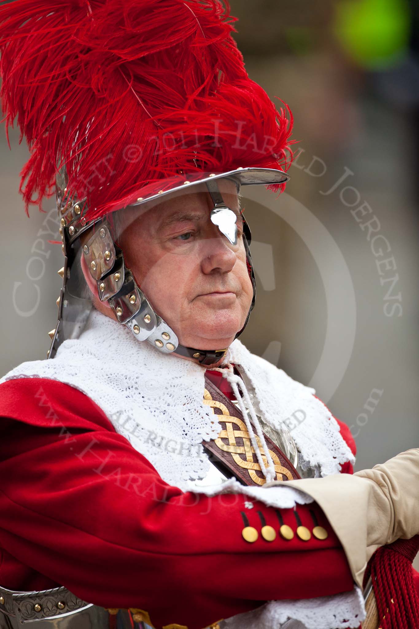 The Lord Mayor's Show 2011: Pikemen and Musketeers of the Honourable Artillery Company (HAC). Here a close-up of the Captain of the Company of Pikemen and Musketeers,  Alistair Bassett Cross..
Opposite Mansion House, City of London,
London,
-,
United Kingdom,
on 12 November 2011 at 10:53, image #49