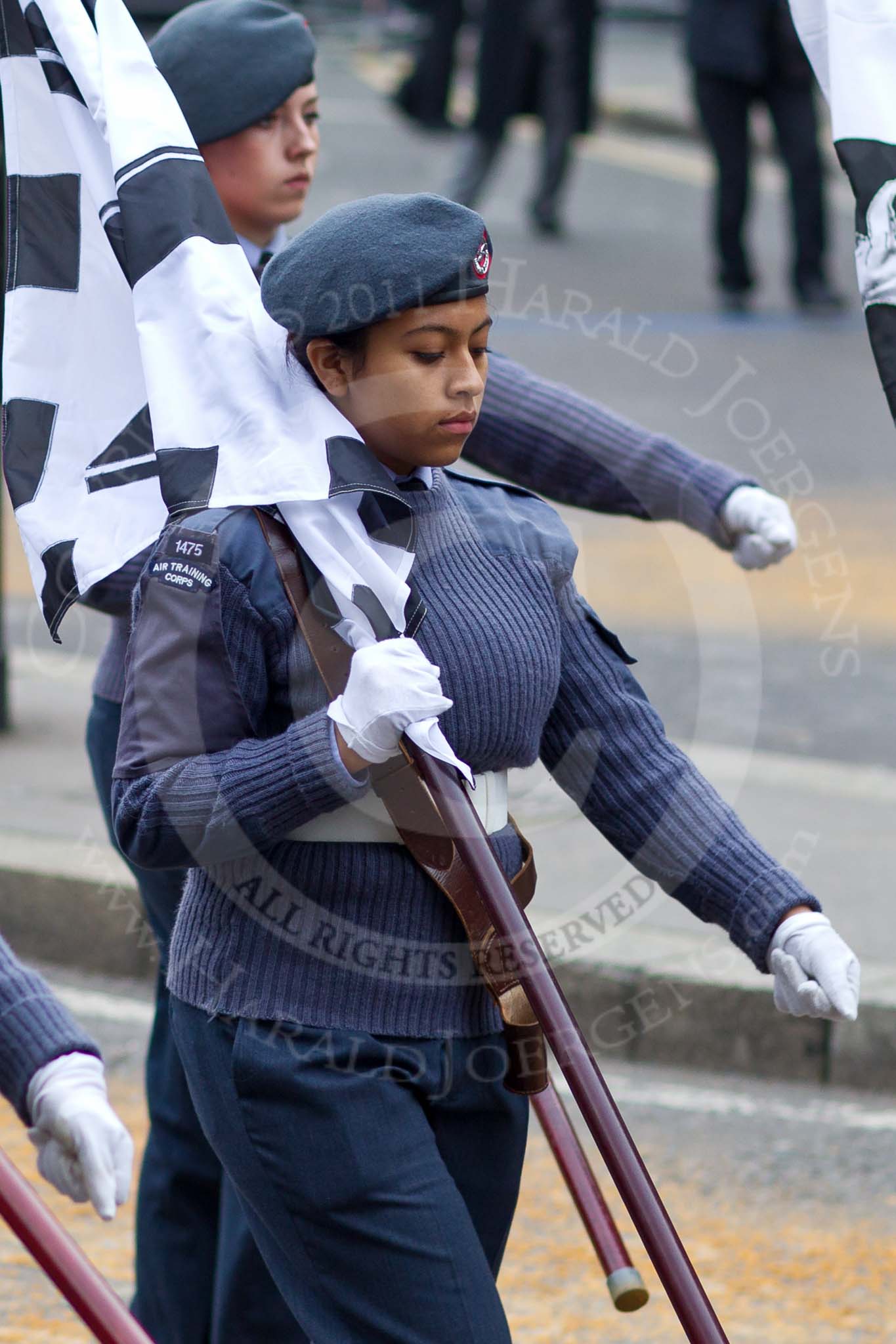 The Lord Mayor's Show 2011: A female cadet from 1475 (3rd Lewisham) Squadron of the Air Training Corps, the Dulwich Air Cadets, carrying one of the Heraldic Banners..
Opposite Mansion House, City of London,
London,
-,
United Kingdom,
on 12 November 2011 at 10:53, image #55