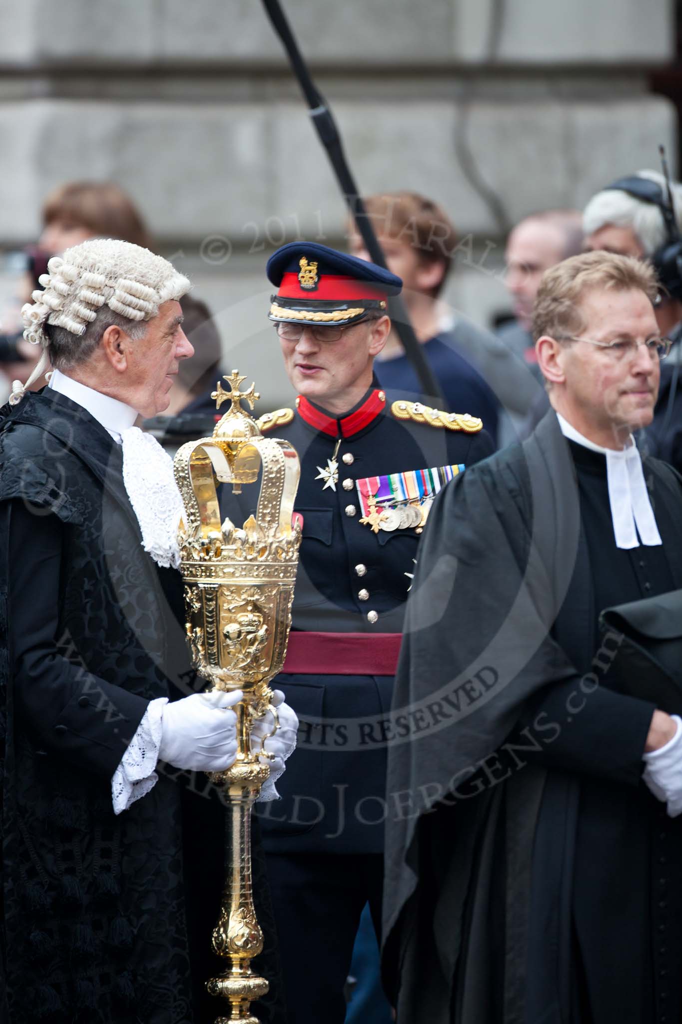 The Lord Mayor's Show 2011: The Sergeant of Arms, on the left, talking to a Colonel. On the right the Chaplin..
Opposite Mansion House, City of London,
London,
-,
United Kingdom,
on 12 November 2011 at 10:54, image #59