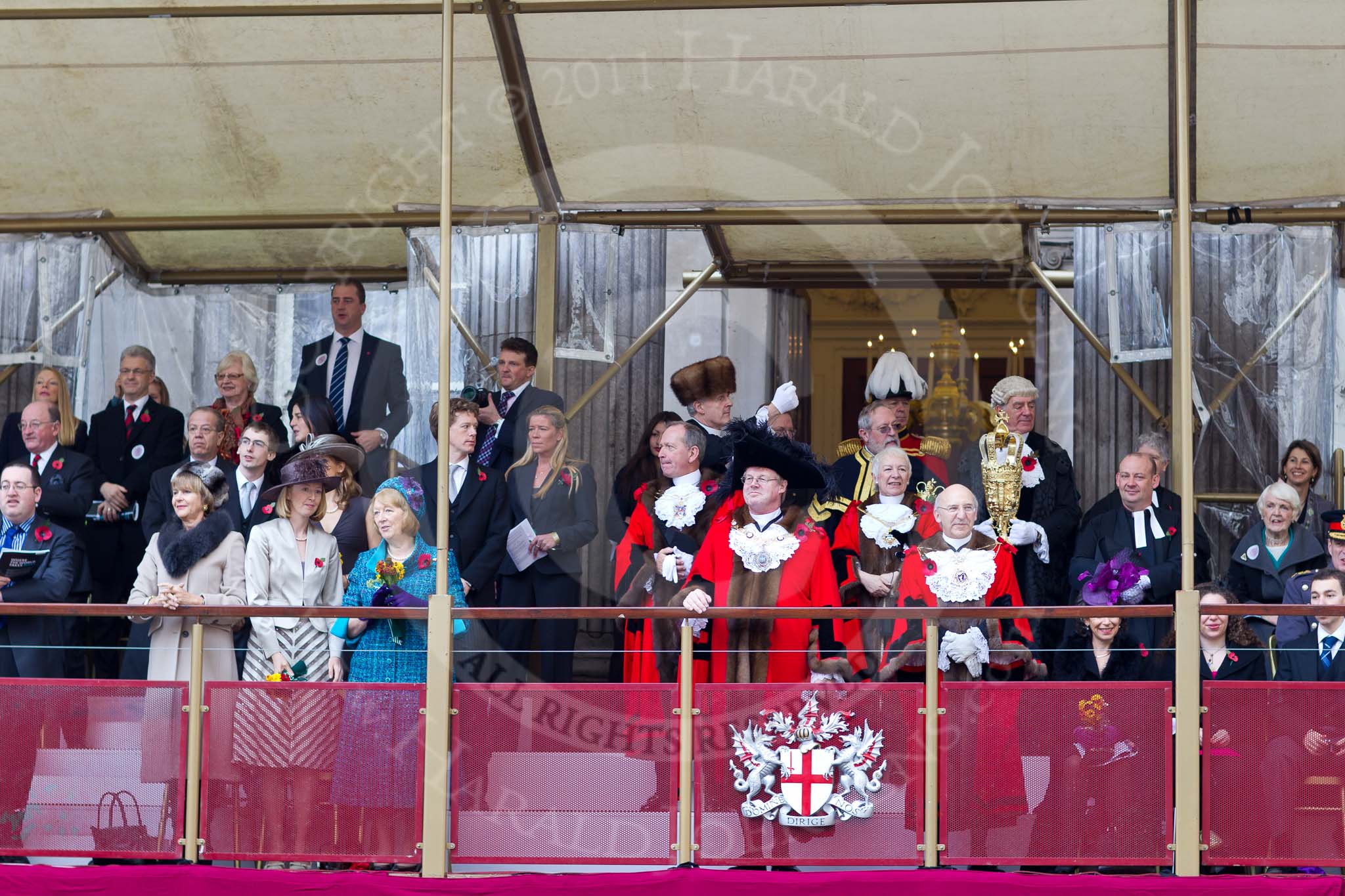 The Lord Mayor's Show 2011: The balcony in front of Mansion House, centre front the new Lord Mayor, David Wootton, and the outgoing Lord Mayor, Michael Bear..
Opposite Mansion House, City of London,
London,
-,
United Kingdom,
on 12 November 2011 at 11:07, image #113