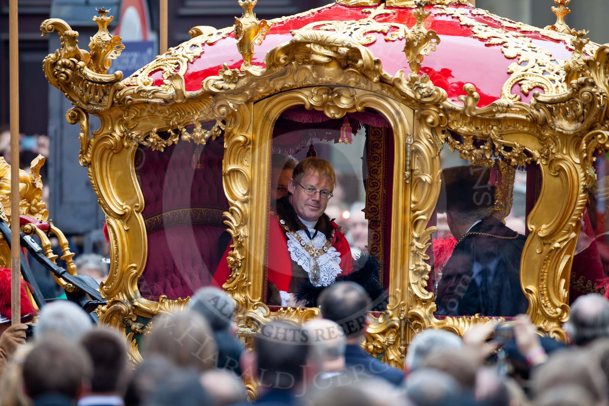 The Lord Mayor's Show 2011: The new Lord Mayor, David Wootton, in the golden state coach that is about to carry him to St Pauls Catherdral..
Opposite Mansion House, City of London,
London,
-,
United Kingdom,
on 12 November 2011 at 12:18, image #758