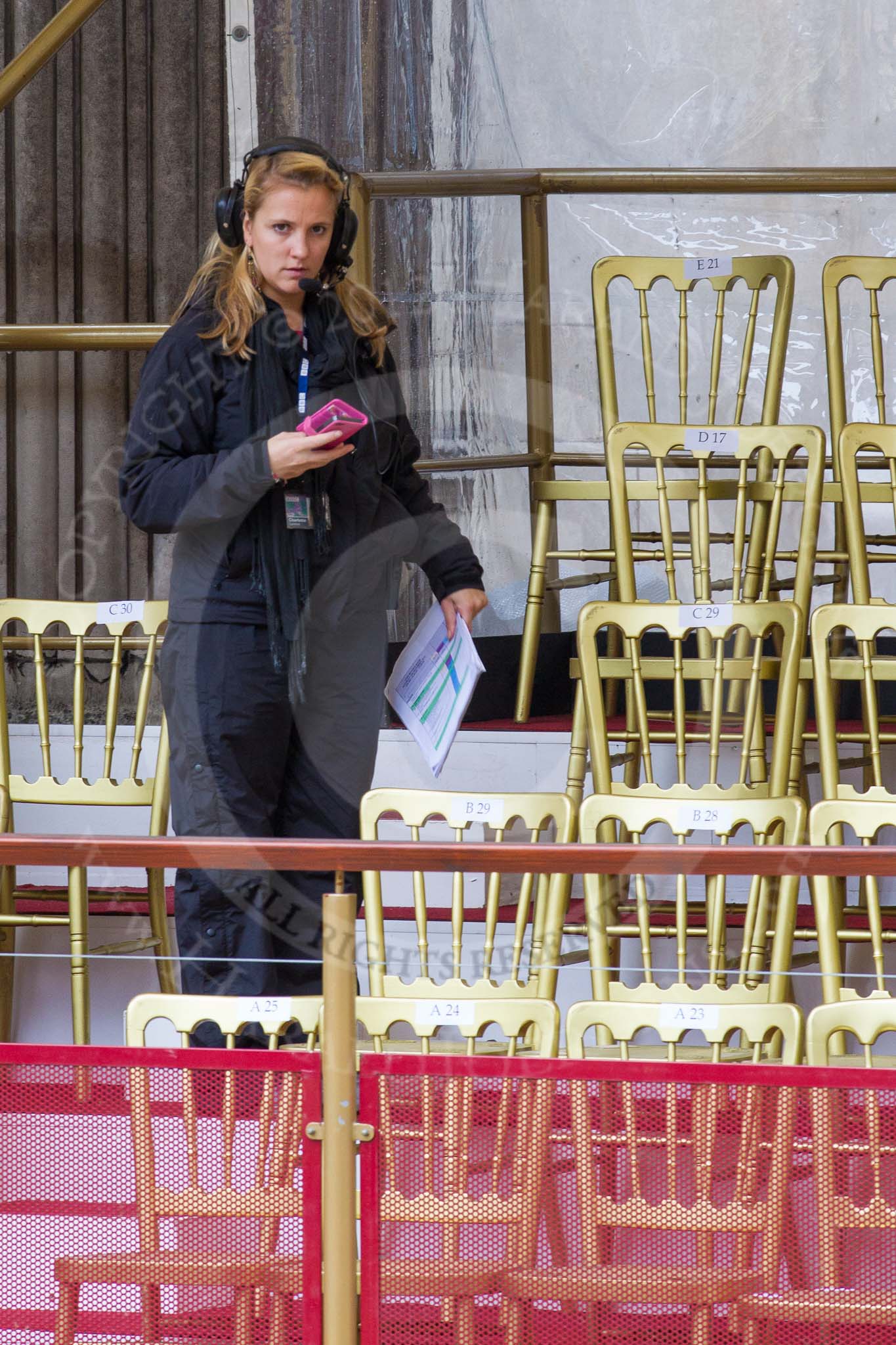 Lord Mayor's Show 2012: Charlotte Cummins, BBC Floor Manager, on the balcony of Mansion House..
Press stand opposite Mansion House, City of London,
London,
Greater London,
United Kingdom,
on 10 November 2012 at 09:00, image #5