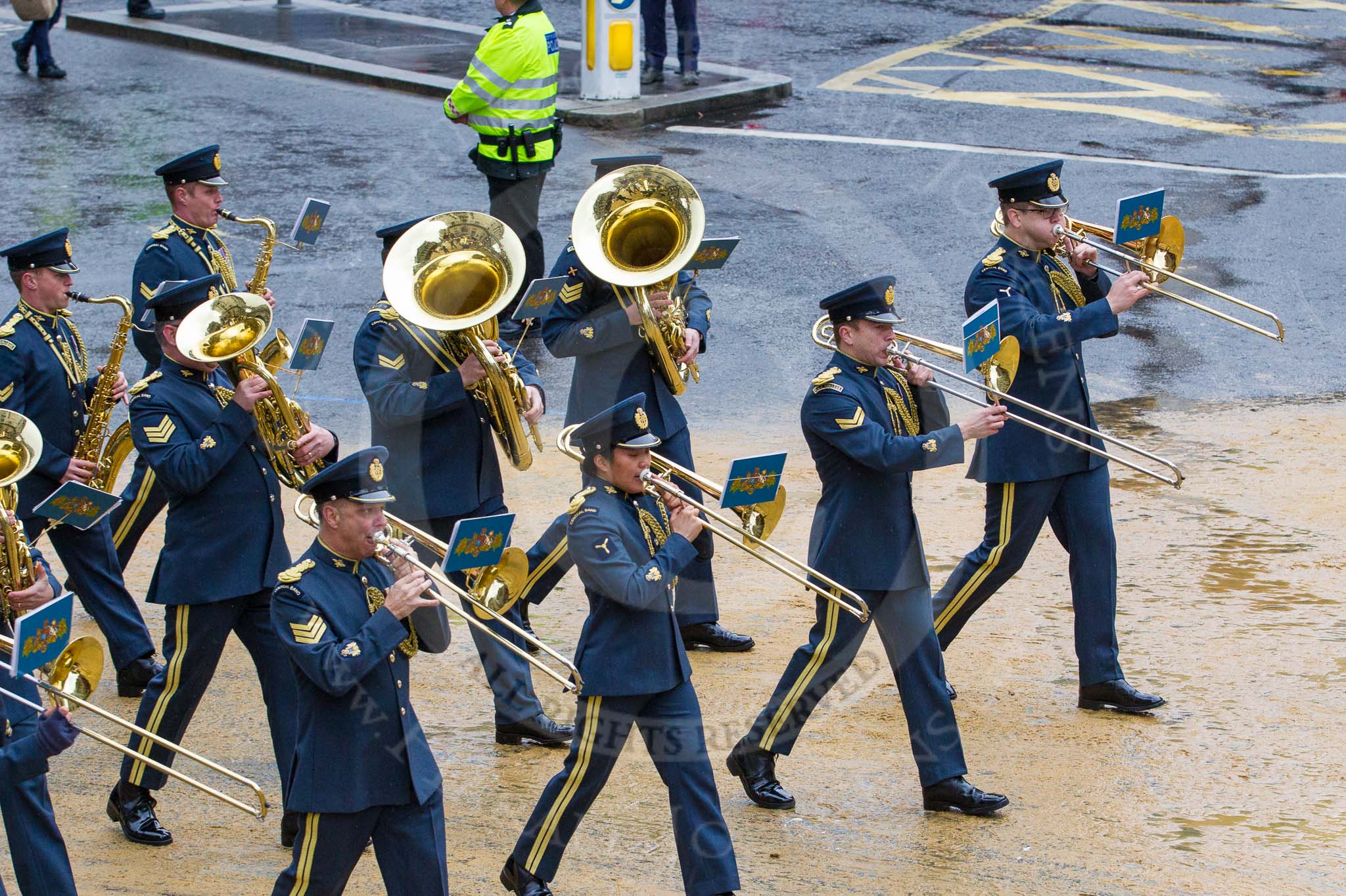 Lord Mayor's Show 2012: Entry 16 - Central Band of the RAF..
Press stand opposite Mansion House, City of London,
London,
Greater London,
United Kingdom,
on 10 November 2012 at 11:07, image #322