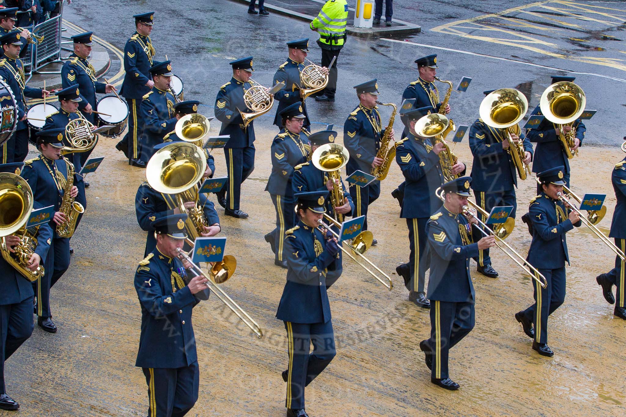 Lord Mayor's Show 2012: Entry 16 - Central Band of the RAF..
Press stand opposite Mansion House, City of London,
London,
Greater London,
United Kingdom,
on 10 November 2012 at 11:07, image #323