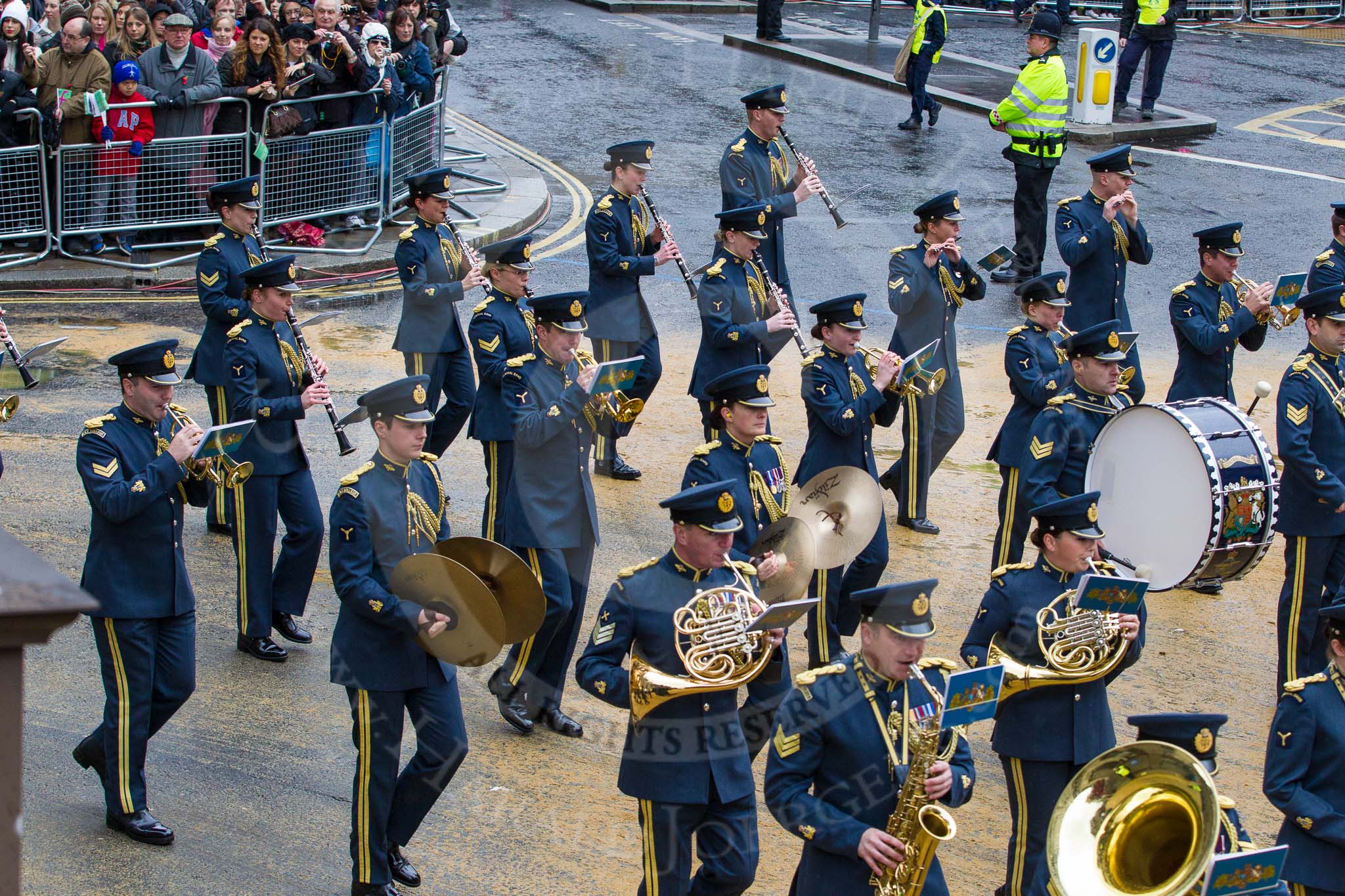 Lord Mayor's Show 2012: Entry 16 - Central Band of the RAF..
Press stand opposite Mansion House, City of London,
London,
Greater London,
United Kingdom,
on 10 November 2012 at 11:07, image #326