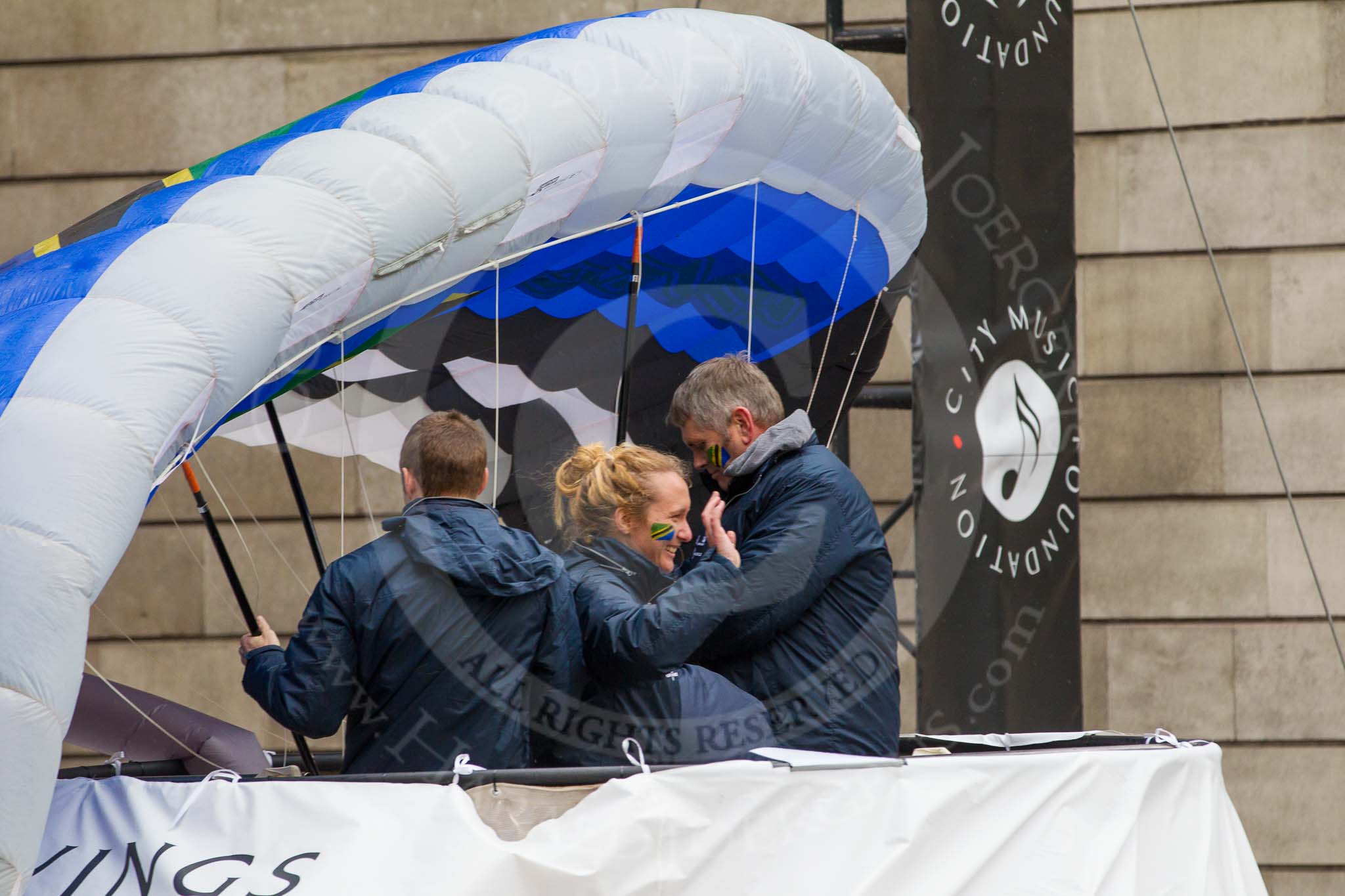 Lord Mayor's Show 2012: Entry 22 - Wings of Kilimanjaro - paraglider pi;ots about to fly from Mt Kilimanjaro for charity..
Press stand opposite Mansion House, City of London,
London,
Greater London,
United Kingdom,
on 10 November 2012 at 11:09, image #377