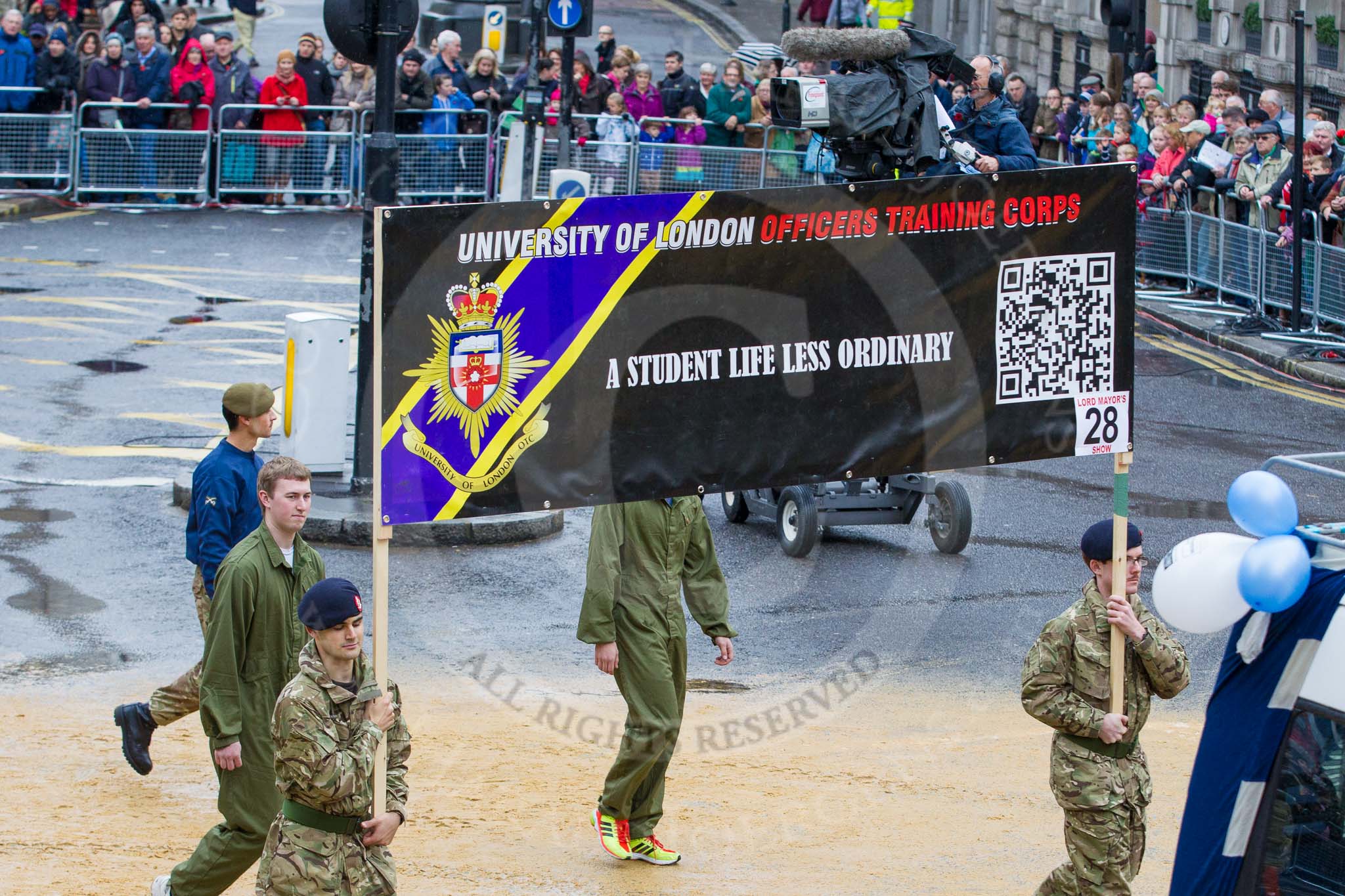 Lord Mayor's Show 2012: Entry 28 - ULOTC, University of London Officers Training Corps..
Press stand opposite Mansion House, City of London,
London,
Greater London,
United Kingdom,
on 10 November 2012 at 11:12, image #451