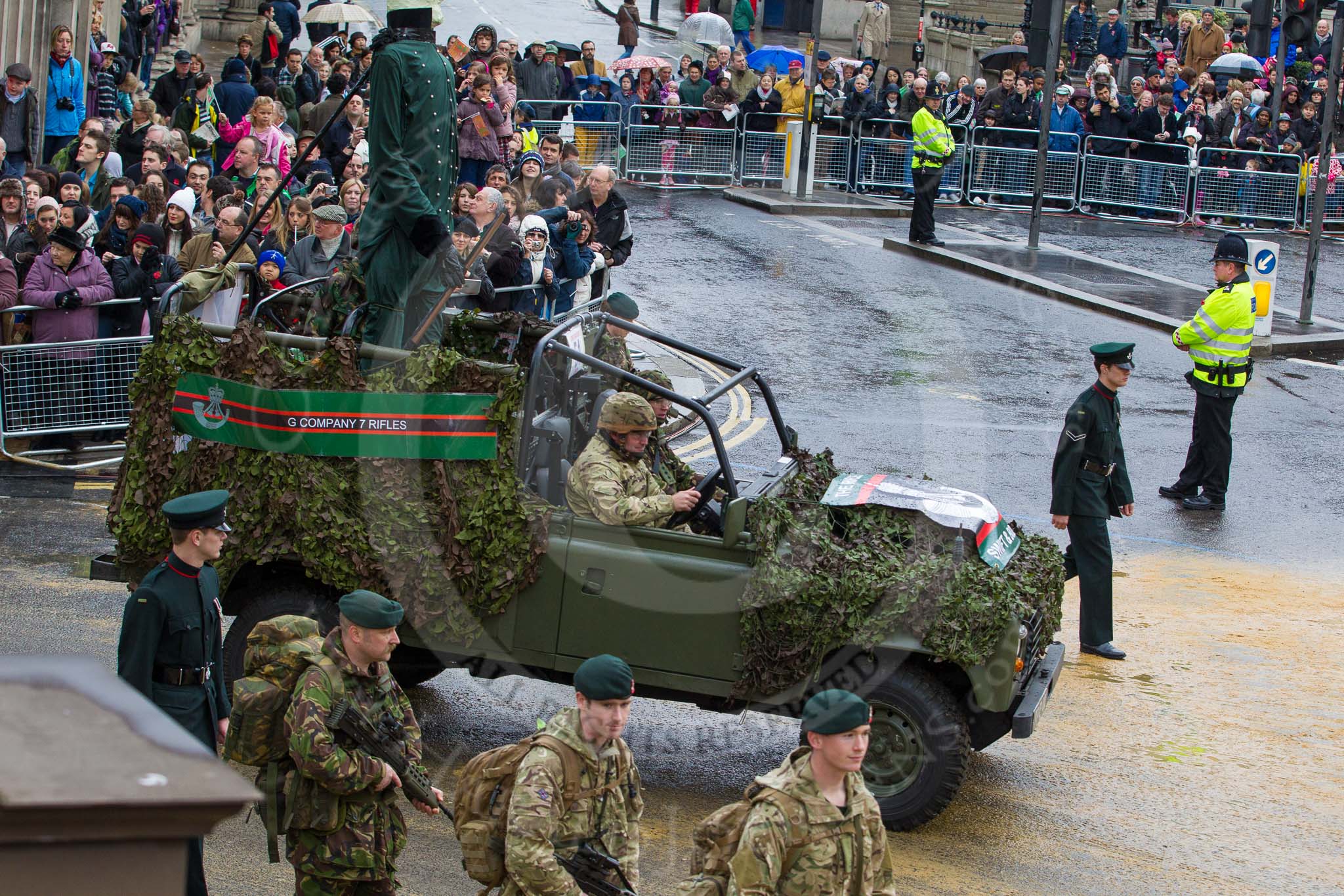 Lord Mayor's Show 2012: Entry 51 - F & G Companies 7 Rifles..
Press stand opposite Mansion House, City of London,
London,
Greater London,
United Kingdom,
on 10 November 2012 at 11:22, image #695