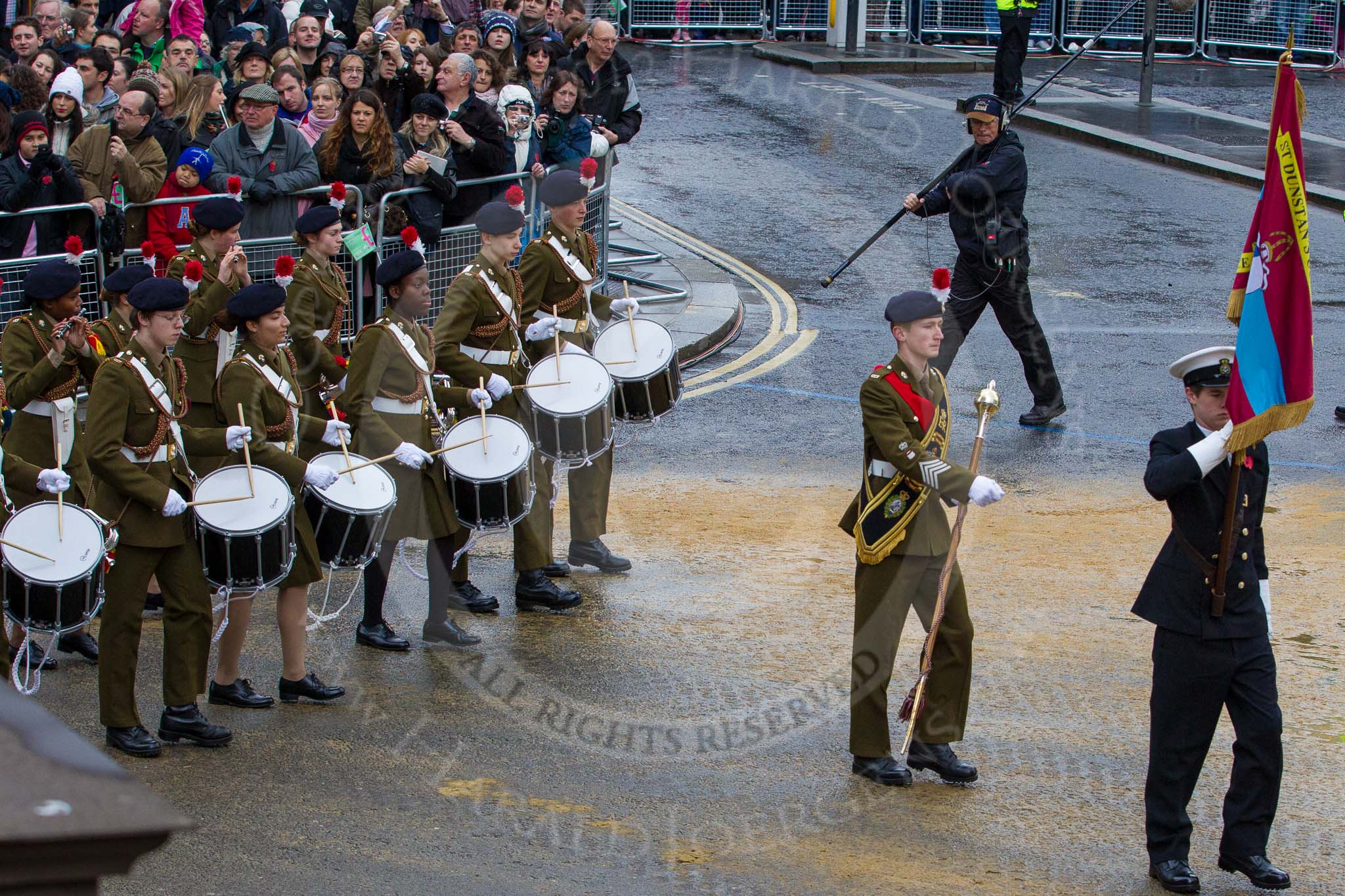 Lord Mayor's Show 2012: Entry 54 - St Dunstan’s CCF Band - the St Dunstan 's College Combined Cadet Force..
Press stand opposite Mansion House, City of London,
London,
Greater London,
United Kingdom,
on 10 November 2012 at 11:24, image #716