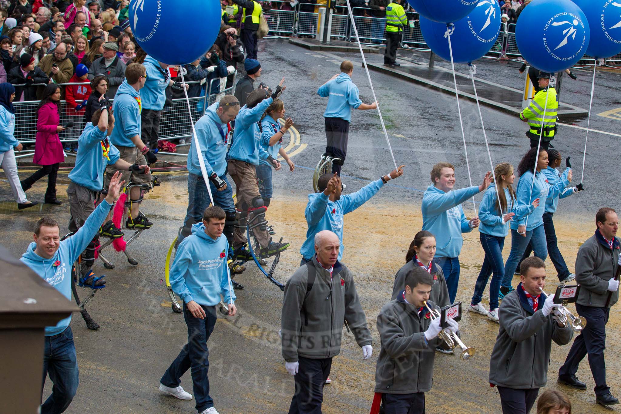 Lord Mayor's Show 2012: Entry 67 - Kingston & Malden Scout & Guide Band and 68 - Jack Petchey Foundation..
Press stand opposite Mansion House, City of London,
London,
Greater London,
United Kingdom,
on 10 November 2012 at 11:29, image #856